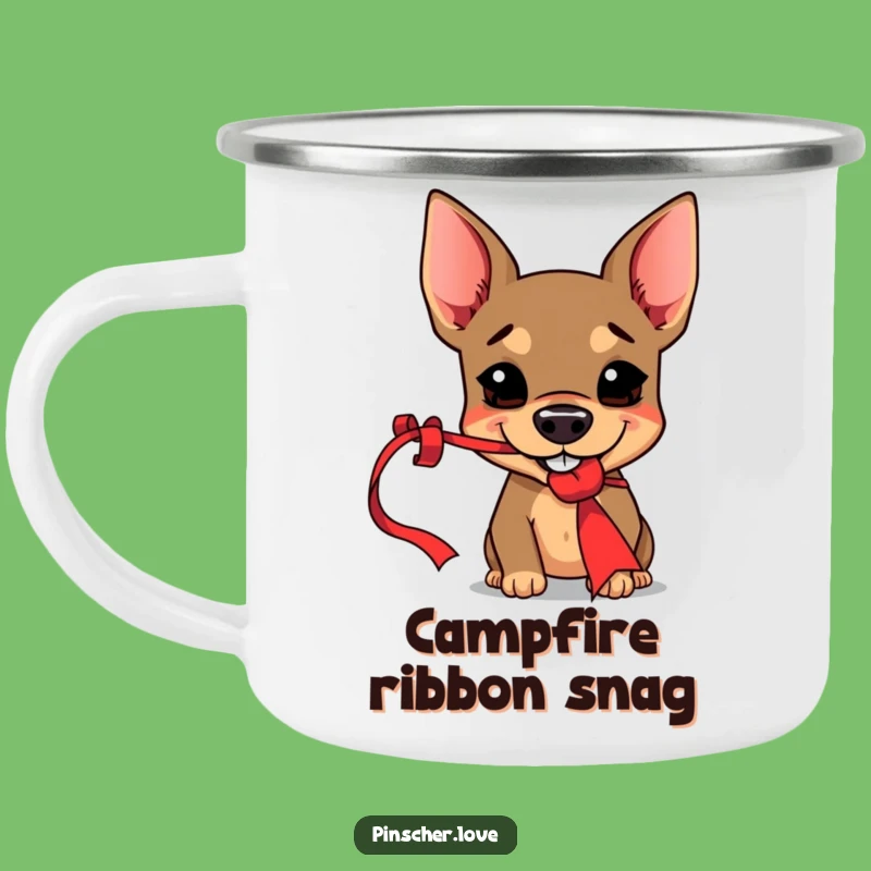 Funny Pinscher Camping Mug - Mischievous Pup & Red Ribbon - Outdoor Gift