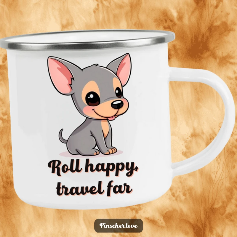 Funny Pinscher camping mug featuring a dog rolling on its back, ideal for outdoor enthusiasts who love humor.