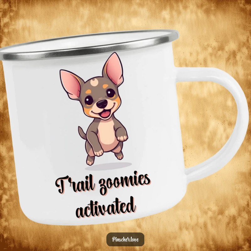Funny Pinscher camping mug, enamel cup with a dog with perky ears bouncing excitedly, outdoor lover, great gift.
