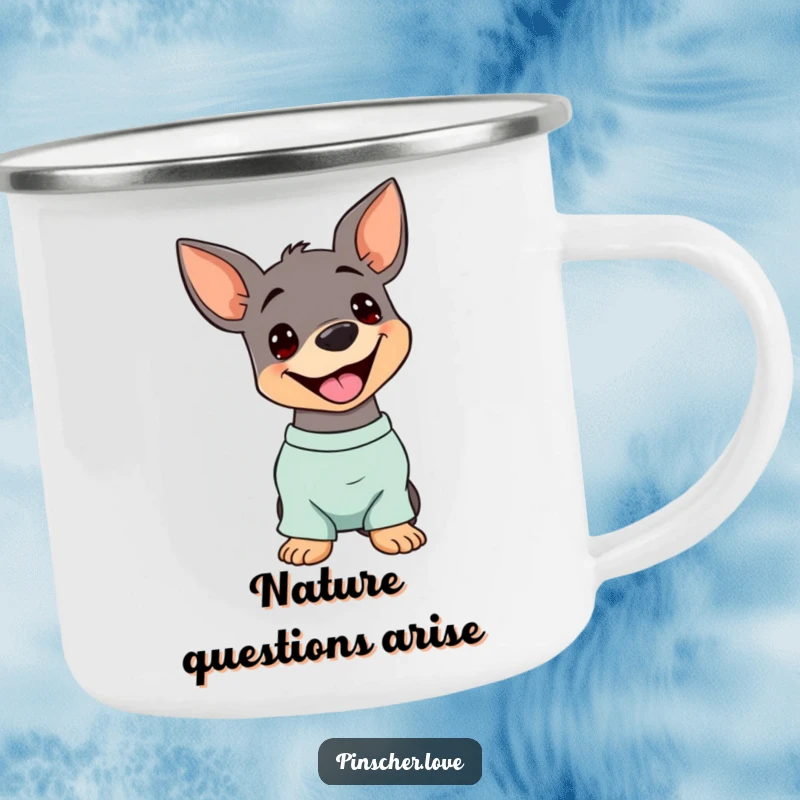 Funny Pinscher Camping Mug: A dog tilts its head, panting happily, ideal for outdoor drinks with a humorous touch.