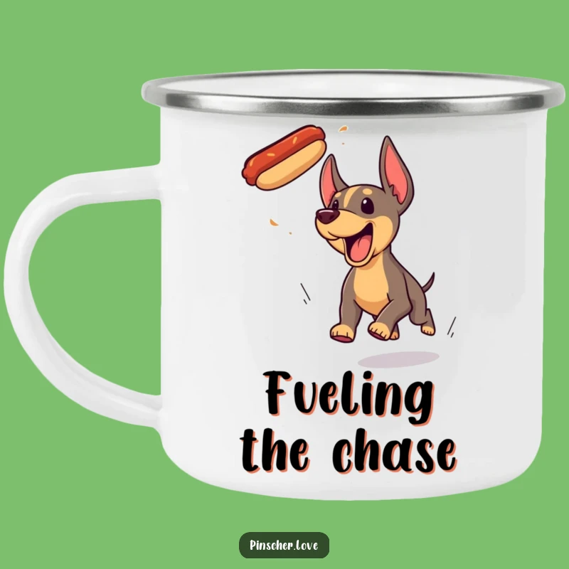 Funny Pinscher Hotdog Chase Camping Mug - Adventure Comedy Drinkware and Gift