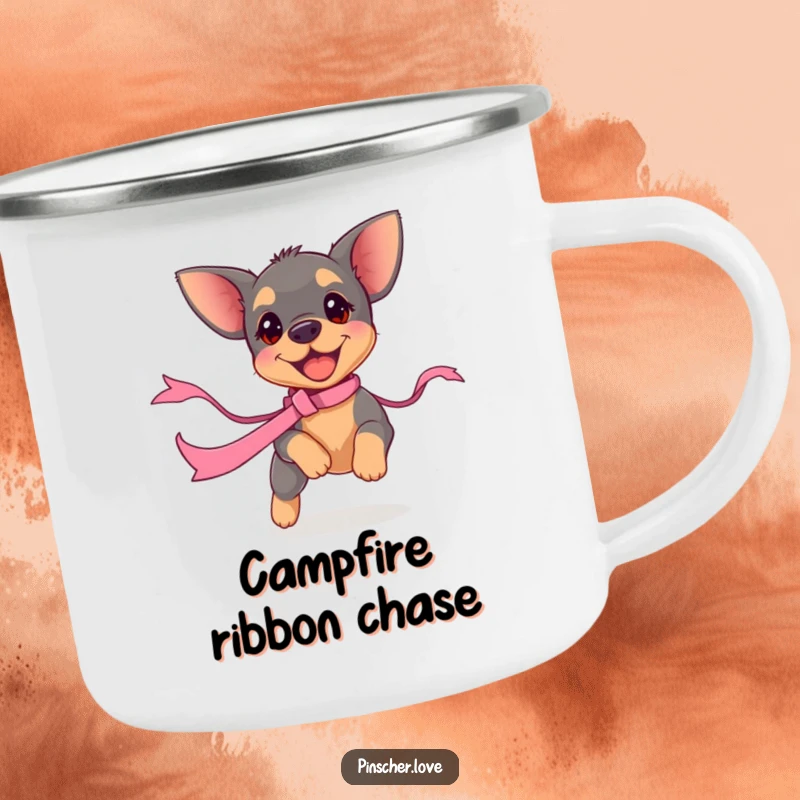 Funny pinscher puppy camping mug, showing a small dog chasing a ribbon. Durable and humorous drinkware for outdoor enthusiasts.