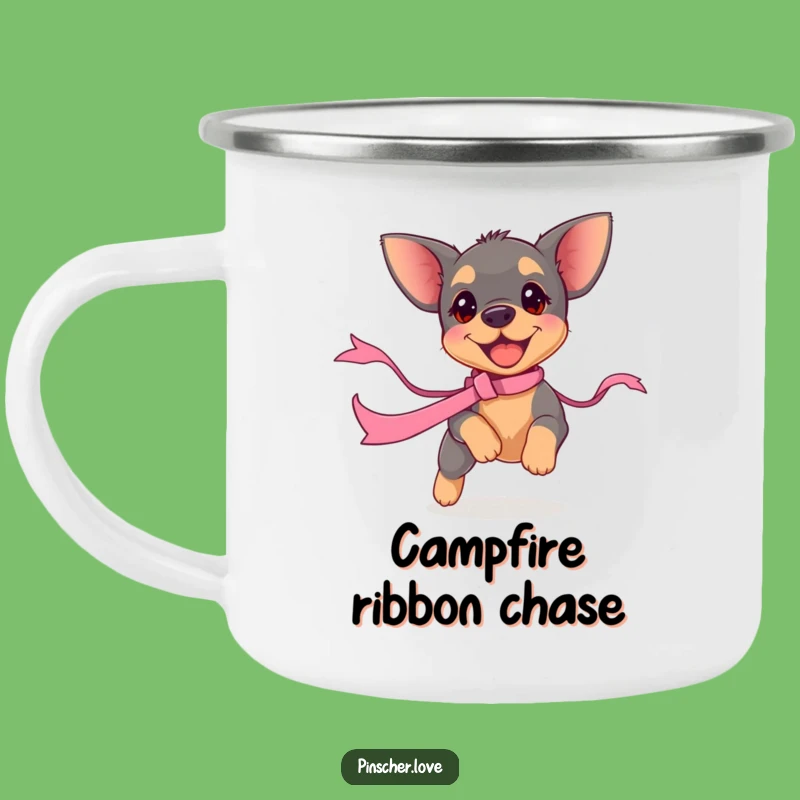 Funny Pinscher Puppy Ribbon Chase Camping Mug - Outdoor Fun Drinkware, Gift