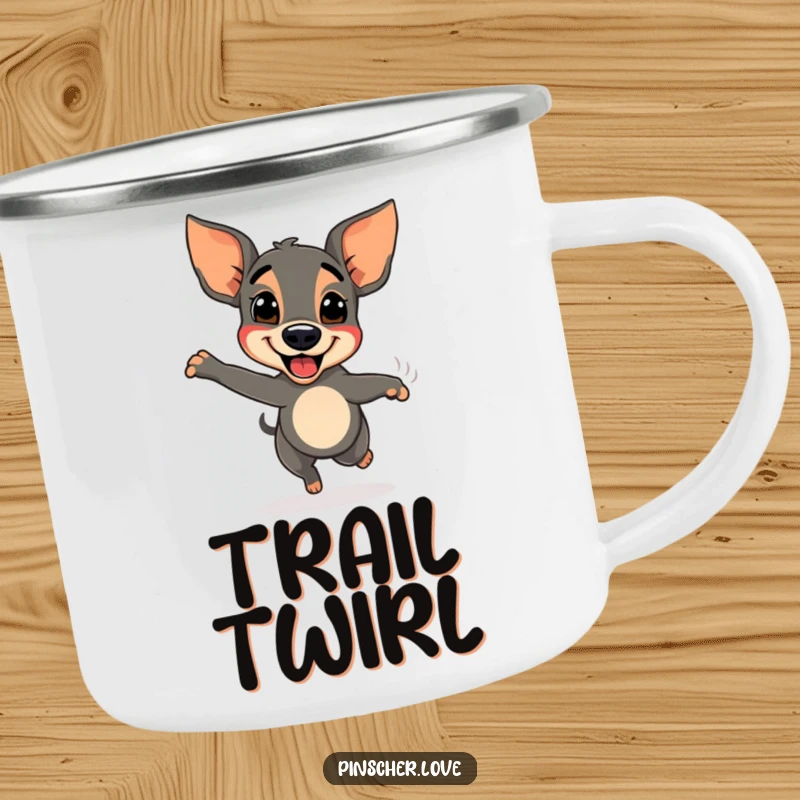 Funny Pinscher dog camping mug, spinning with delight and a blur of tail, perfect for outdoor fun.