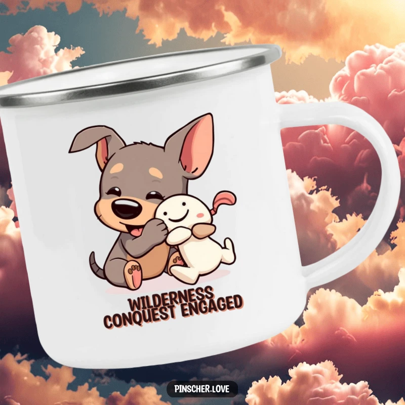 Funny Pinscher Camping Mug: A dog playfully wrestles a squeaky toy, perfect for drinks during outdoor escapades.