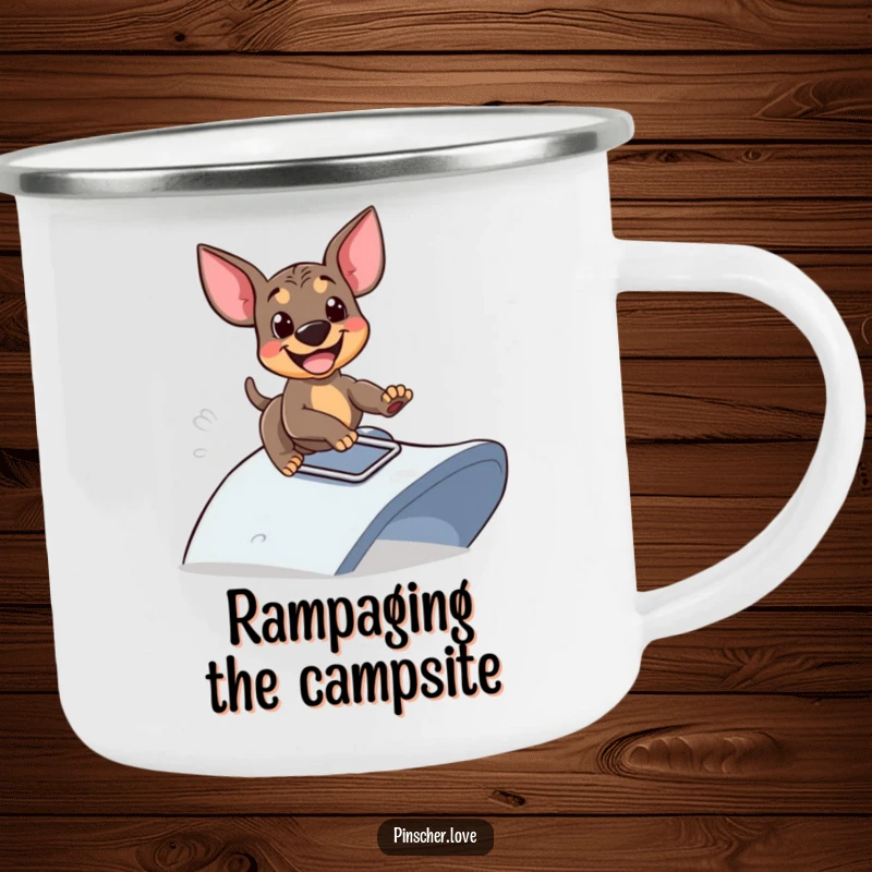 Funny camping mug featuring a Pinscher dog sliding down a ramp with glee, durable enamelware, perfect funny gift for campers.