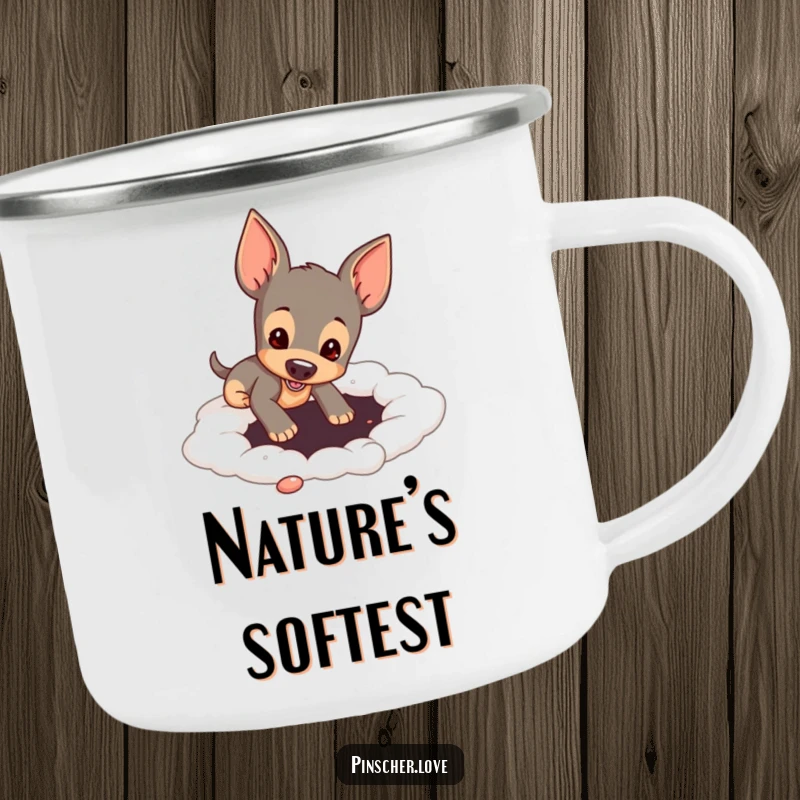 Funny pinscher dog digging in a soft, cloud-like surface on an enamel camping mug, for humorous outdoor enjoyment