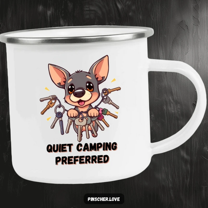 Funny surprised Pinscher dog flinching from jingling keys, perfect for outdoor drinks on a camping mug.