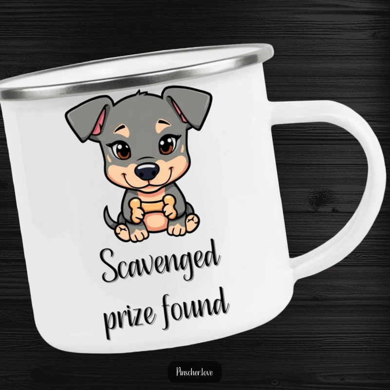 Funny Pinscher Camping Mug: A dog with a mischievous glint holds a tiny bone, ready for outdoor fun.