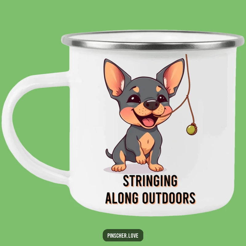 Funny Pinscher Camping Mug: String Play Fun, Outdoor Dog Gift