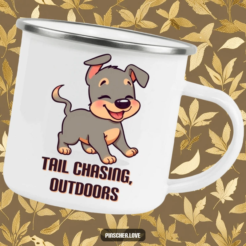 Funny pinscher camping mug featuring a giggling dog humorously chasing its wagging tail, perfect for enjoying drinks outdoors with a smile.