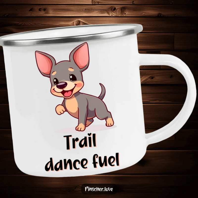 Funny Pinscher Dance Camping Mug: A durable mug shows a pinscher dancing joyfully, tail a blur, perfect for outdoor enthusiasts and dog lovers.