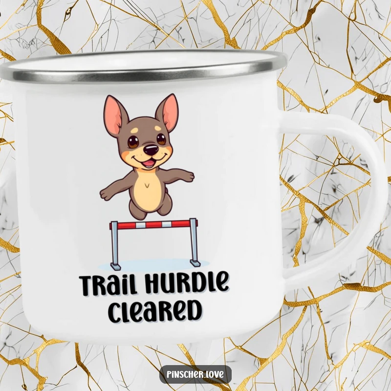 Funny Pinscher Camping Mug: A determined pinscher dog leaps over a tiny hurdle, ready for any outdoor challenge.
