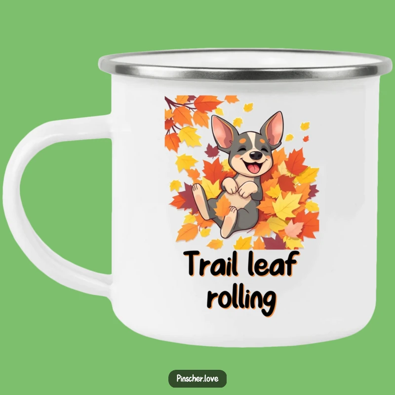 Funny Pinscher Rolling in Leaves Camping Mug - Adventure & Autumn Fun