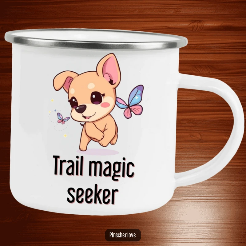 Funny Pinscher Camping Mug: A happy pinscher dog with twinkling eyes chases a butterfly made of magical sparkles under the stars.
