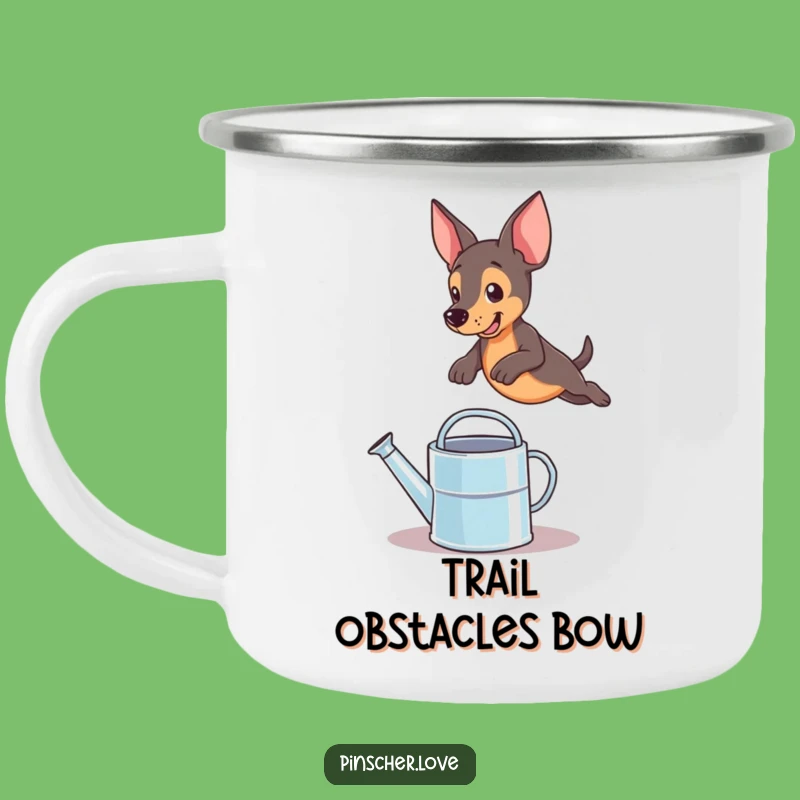 Funny Pinscher Leaping Enamel Mug: Rugged & Hilarious Outdoor Dog Gift