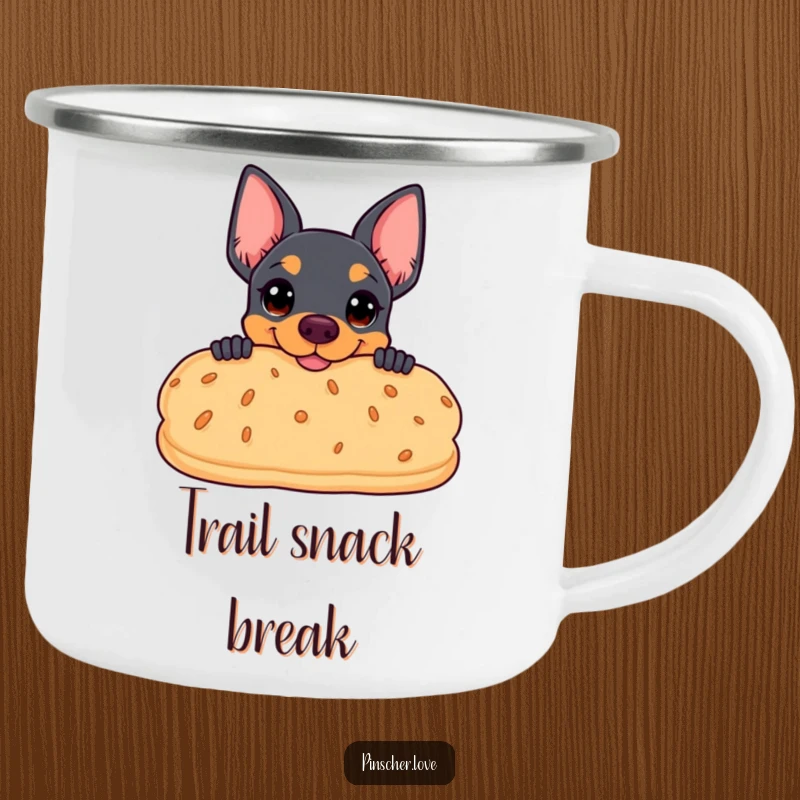 Funny camping mug showing a pinscher peeking coyly behind a large, smiling biscuit, perfect for snack-loving outdoor trips.