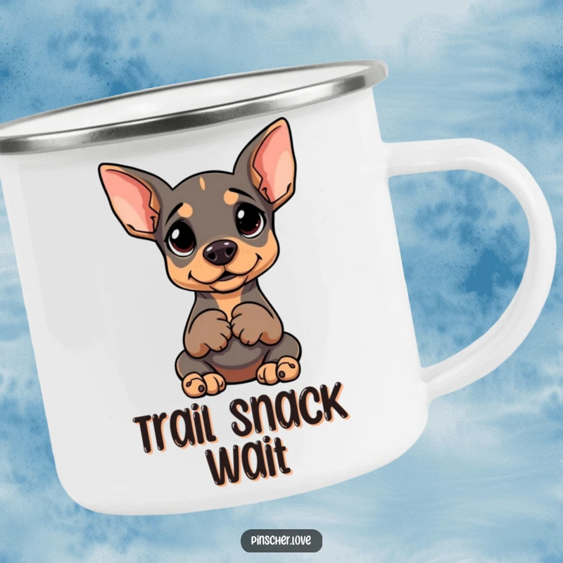Funny enamel camping mug with a Pinscher sitting upright, paws clasped, and a goofy expectant look.