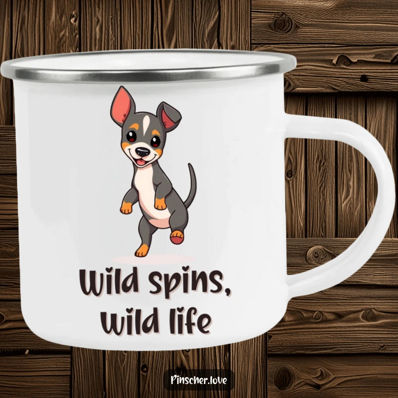 Funny Spinning Pinscher Camping Mug depicting a dog spinning around happily, ready for outdoor adventures and laughs.