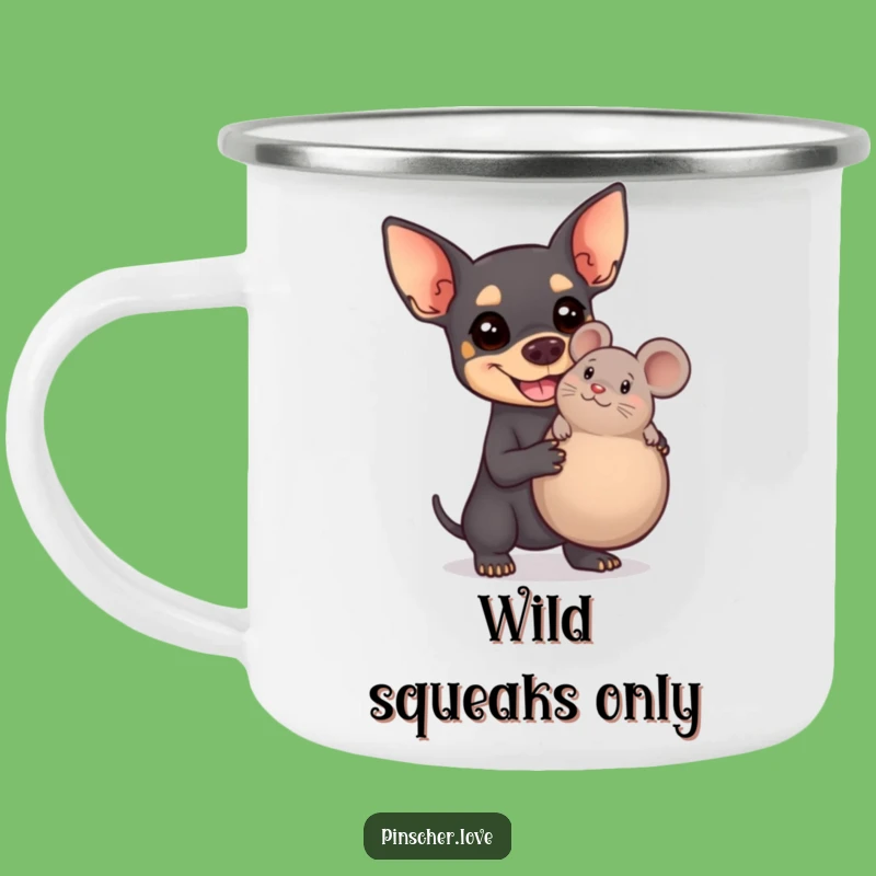 Funny Pinscher Camping Mug - Outdoor Pup with Giant Squeaky Mouse - Adventure Gift