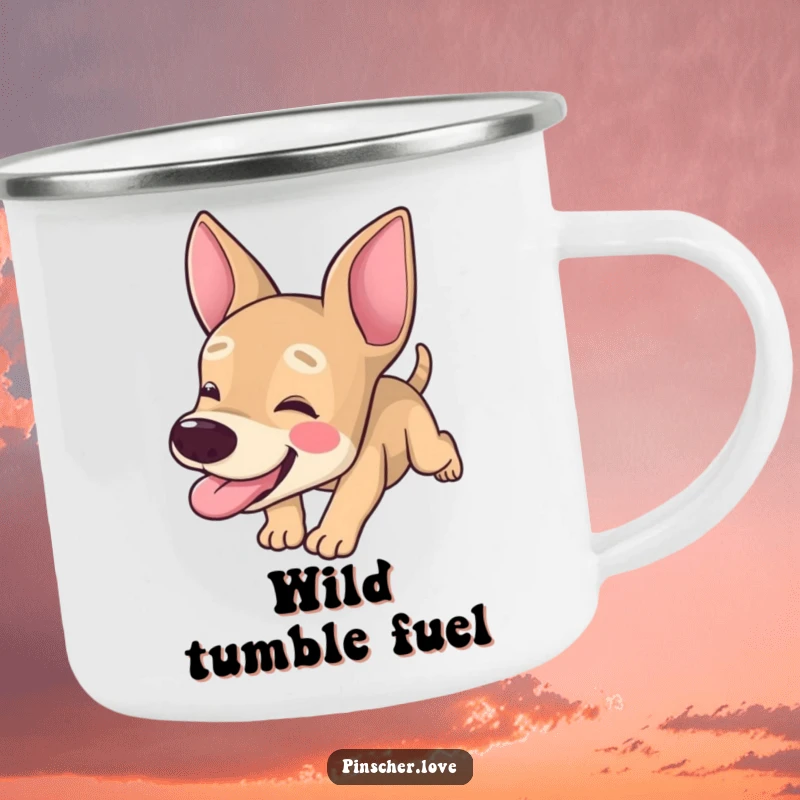 Funny Pinscher camping mug, enamel cup with dog character tumbling forward with its tongue hanging out, outdoor silliness, gift.