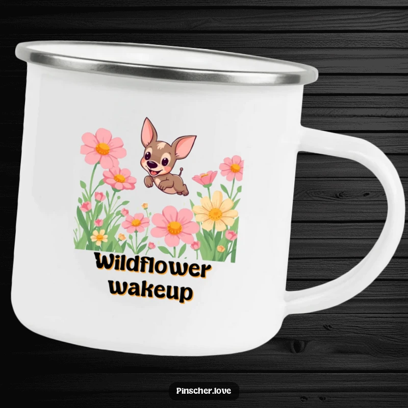 Funny Pinscher Camping Mug: A happy pinscher dog leaps through giant flowers, perfect for rustic adventures and outdoor humor.