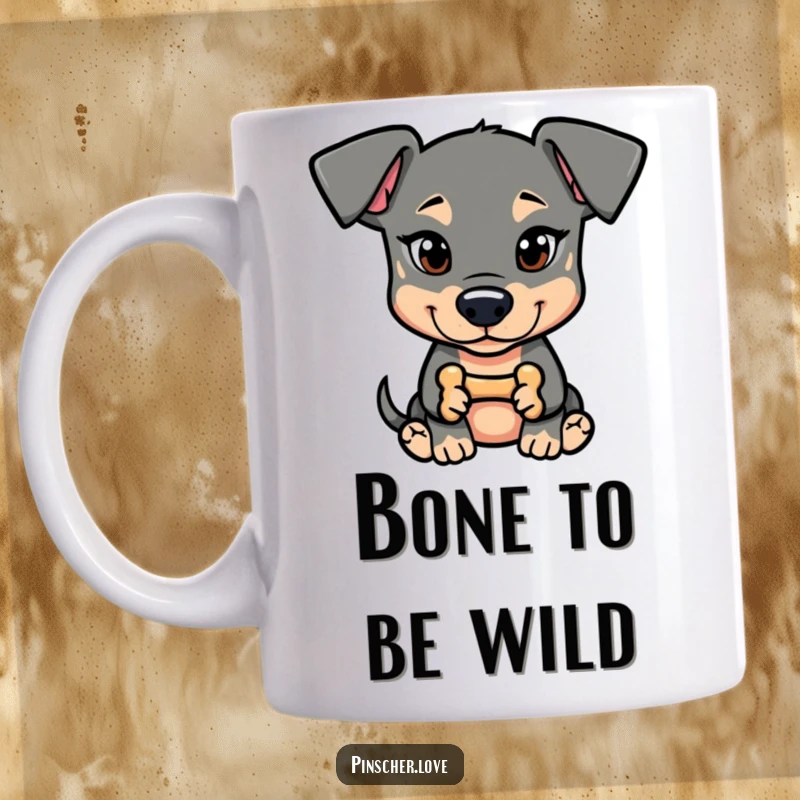 Funny Pinscher Mug: A dog with a mischievous glint holds a tiny bone, hinting at playful secrets and antics.