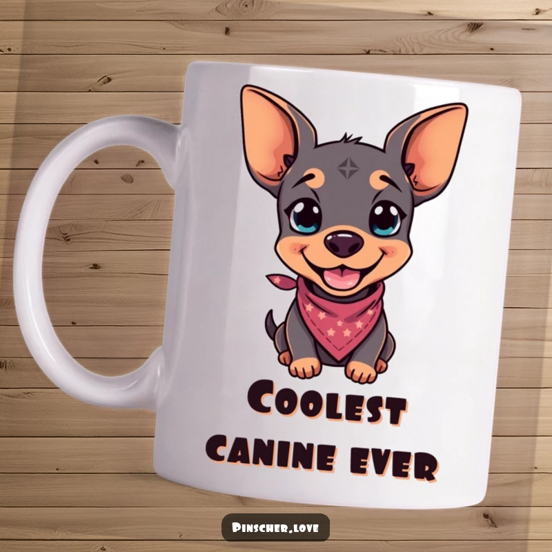 Funny mug showcasing a cool pinscher with a wide, playful grin and a tiny bandana around its neck, exuding charm.