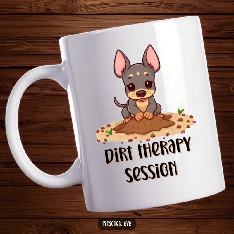 Funny Pinscher Mug - A playful pinscher dog enthusiastically digging in the dirt, embodying energetic fun and a love for outdoor play.