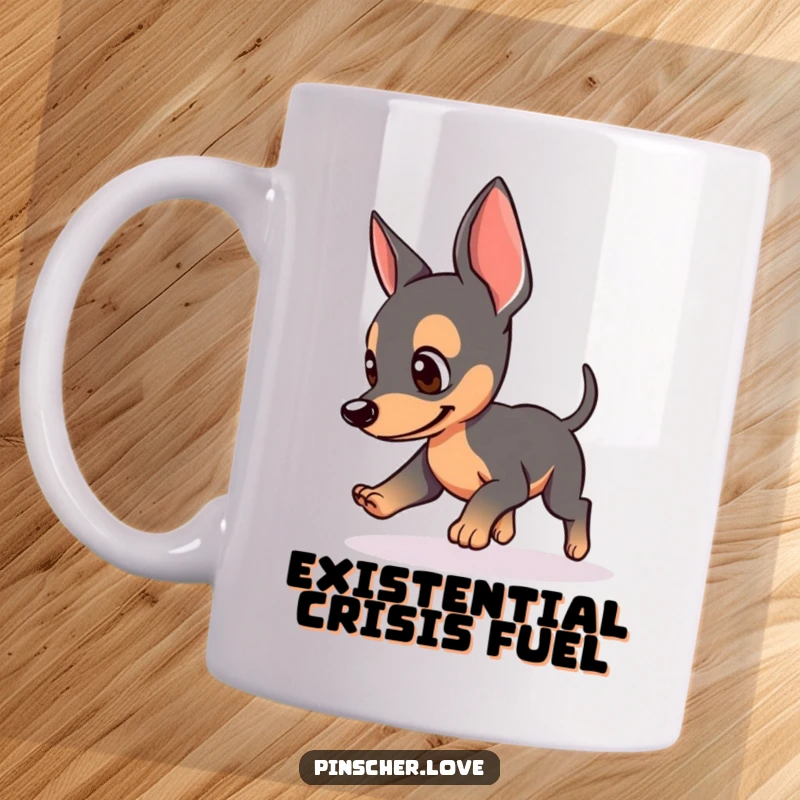Funny mug showing a Pinscher dog with perked ears, playfully chasing its tail in a comical circle, ideal for dog lovers.