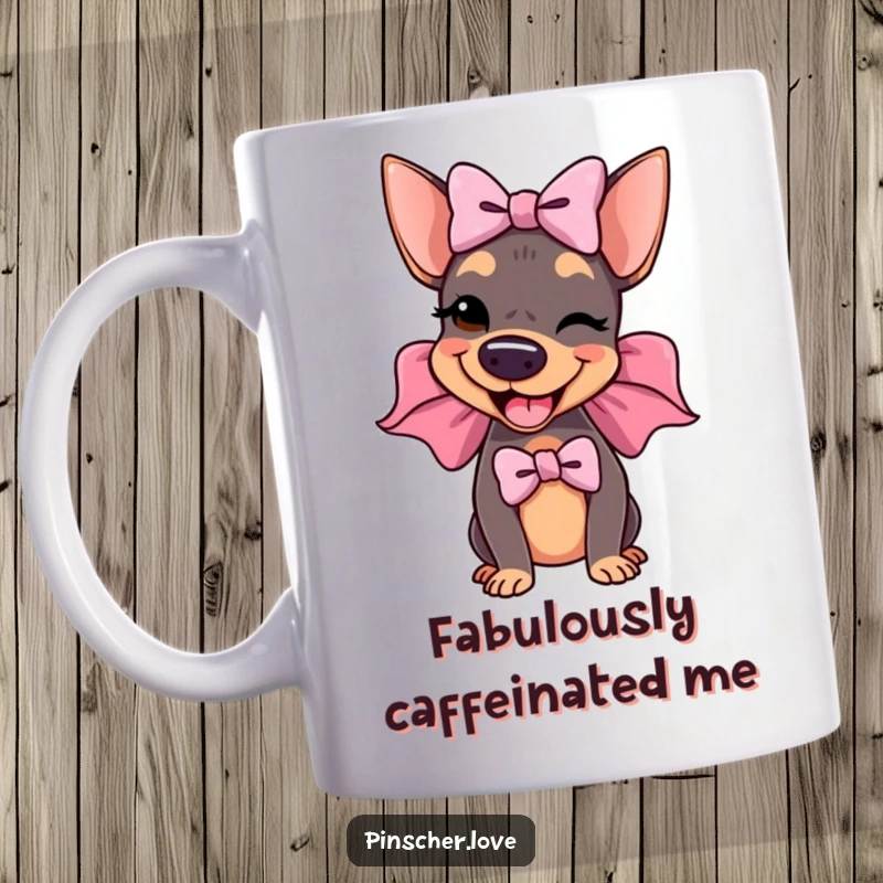 Funny Pinscher Mug: A delighted pinscher wears an enormous, floppy bow and winks cheekily, radiating charm and playful mischief.