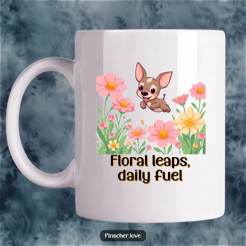 Funny Pinscher Mug: A joyful pinscher dog artistically leaps through a vibrant field of oversized, colorful flowers, celebrating pure canine bliss.