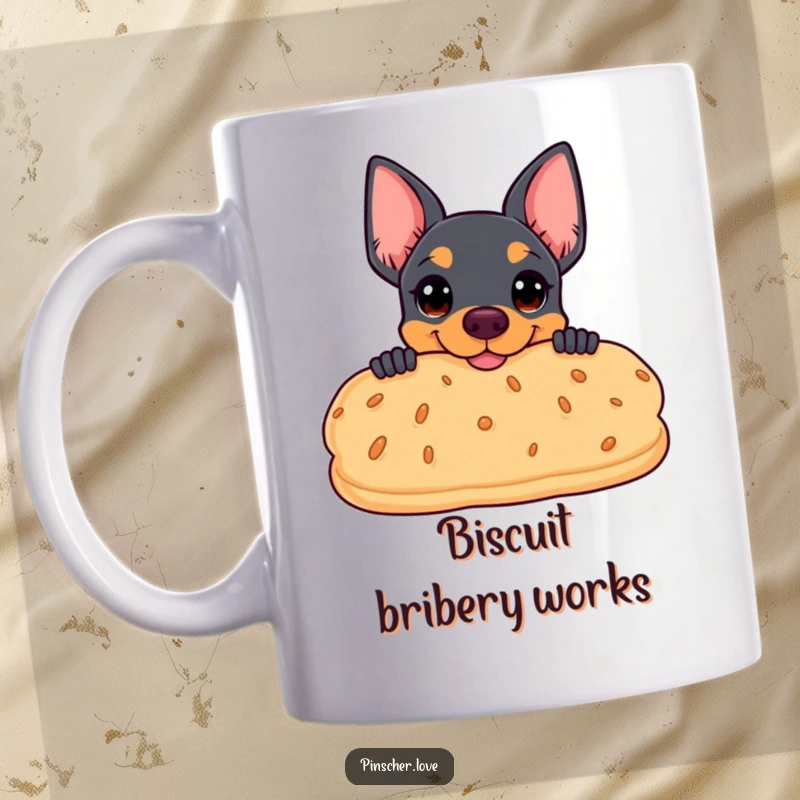 Funny mug showing a shy pinscher peeking coyly from behind a huge, smiling biscuit, embodying a love for treats.