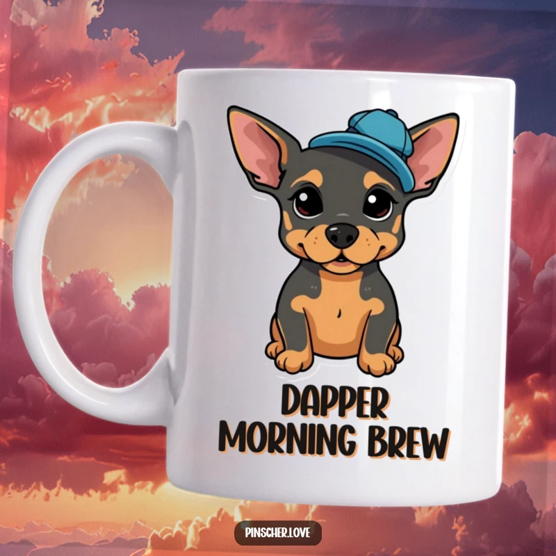 Funny dog mug featuring a proud Pinscher posing stylishly with a tiny, jaunty cap tilted to the side.