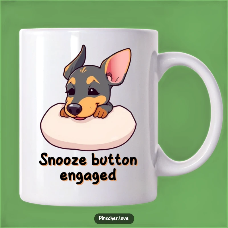 Funny Pinscher Cushion Mug: Relaxing Dog Humor for Your Coffee Break