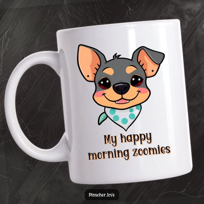 Funny Pinscher Mug: A dog with a goofy grin sports a tiny bandana, radiating cool and playful doggy energy.
