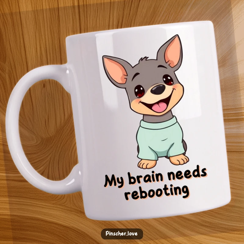 Funny Pinscher Mug: A dog tilts its head adorably, panting happily, radiating pure, comical joy and curiosity.