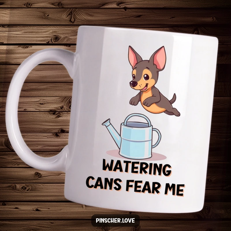 Funny pinscher dog dramatically leaping high over a small shiny watering can, captured in a moment of energetic play