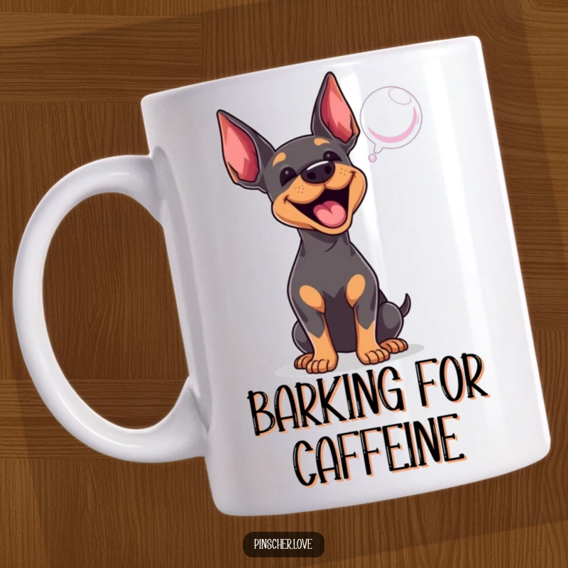 Funny Pinscher mug featuring an energetic dog enthusiastically barking at a playful floating bubble, capturing pure canine joy.