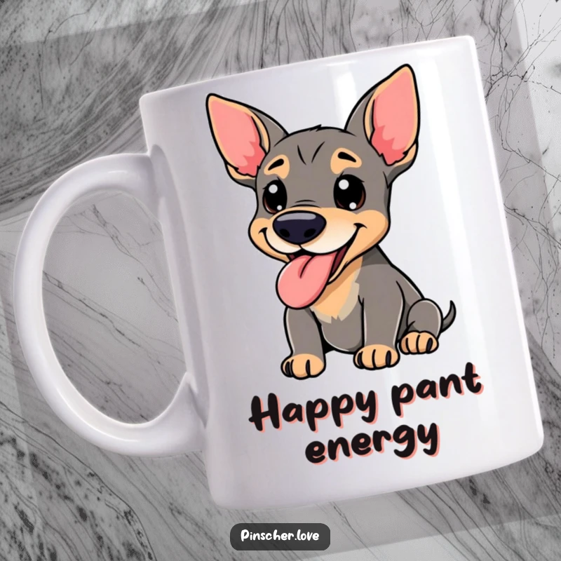 Funny Pinscher Mug - A cheerful pinscher dog with its tongue lolling out, panting happily, embodying pure joy and warmth for dog lovers.