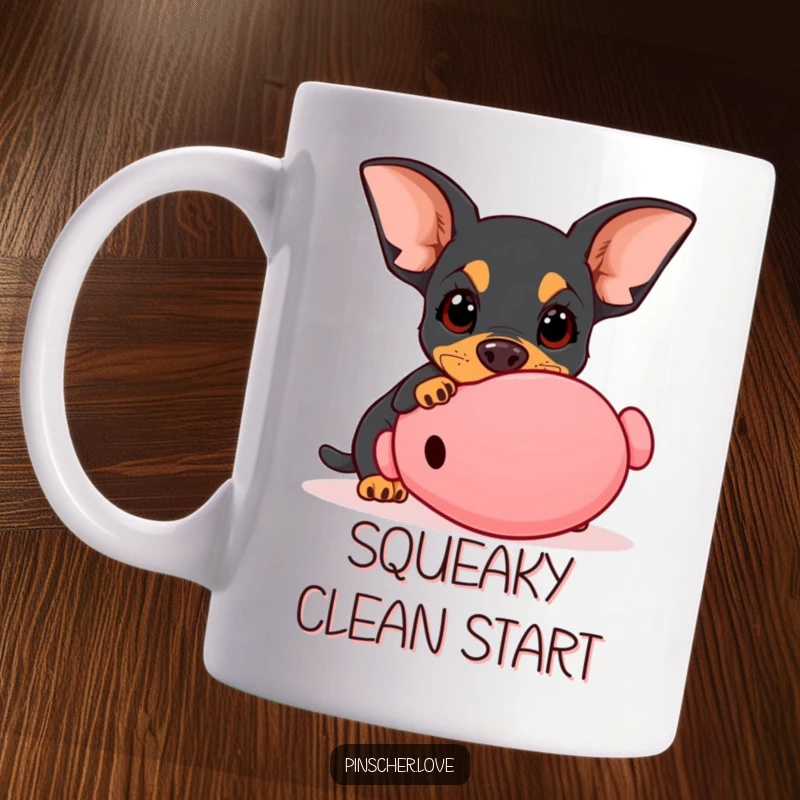 Funny Pinscher mug, dog with wide innocent eyes playfully nudging a giant squeaky toy, playful pet, heartwarming gift.