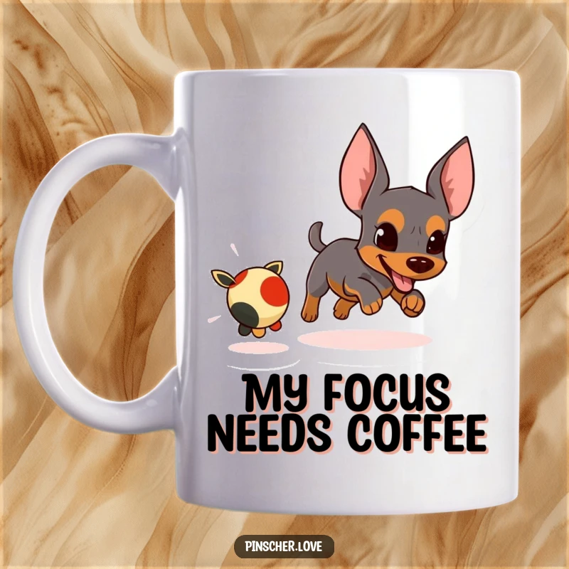 Funny mug showing an energetic pinscher character intensely chasing a small, fleeing toy with determined focus.
