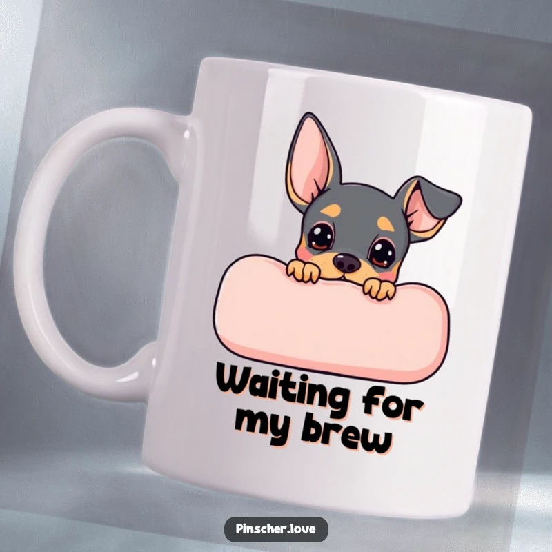 Funny Pinscher mug showing a cute Pinscher dog peeking curiously from behind a soft, cozy cushion with an eager expression.
