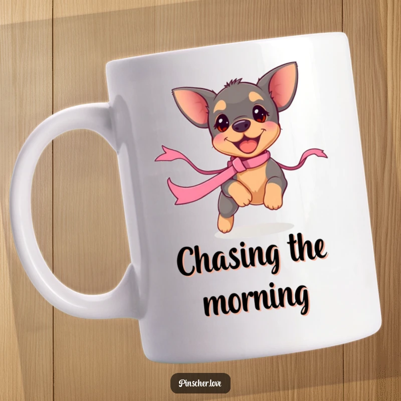 Funny pinscher puppy mug showing a tiny dog with huge excitement chasing a brightly colored ribbon. Adorable and humorous pet moment.