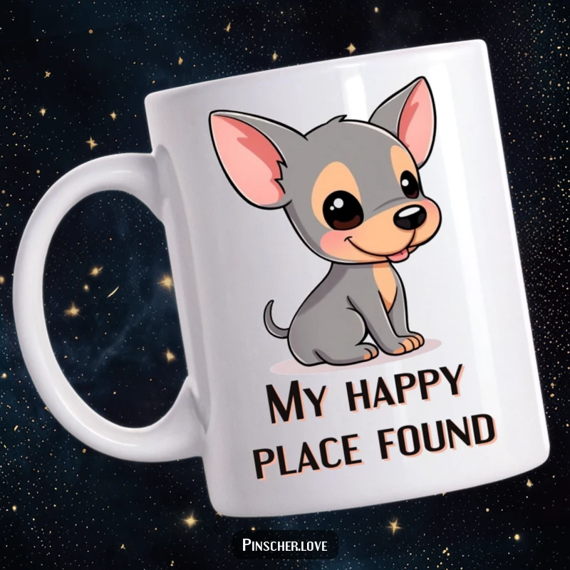 Funny Pinscher dog mug with a cute character playfully rolling on its back, showcasing pure unadulterated joy and a wiggly bum.
