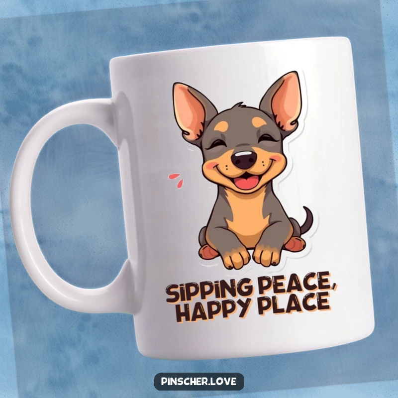 Funny Pinscher Mug: A Pinscher rests its head with a happy sigh, embodying ultimate relaxation and comfort.