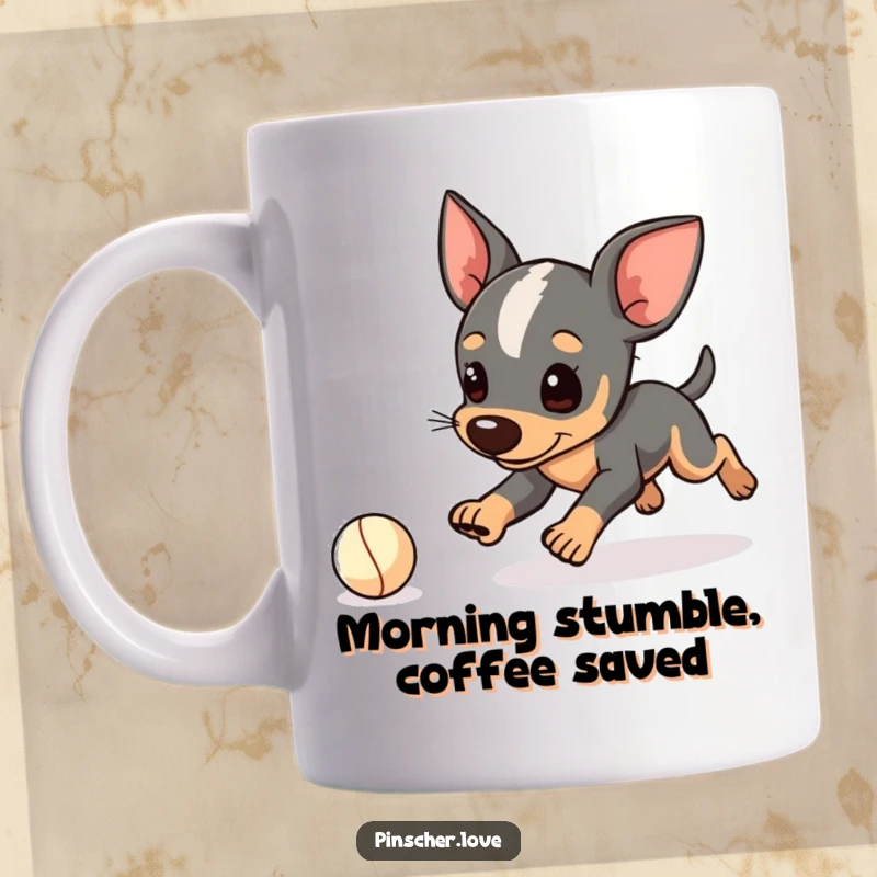 Funny Pinscher mug, dog character playfully tripping while chasing a tiny ball, clumsy pet, humorous gift idea.
