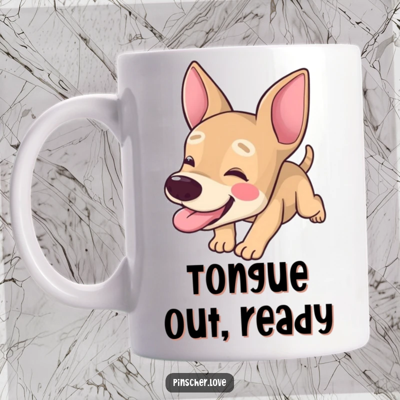 Funny Pinscher mug, dog character tumbling forward with its tongue hanging out, silly pet, humorous chaos gift.