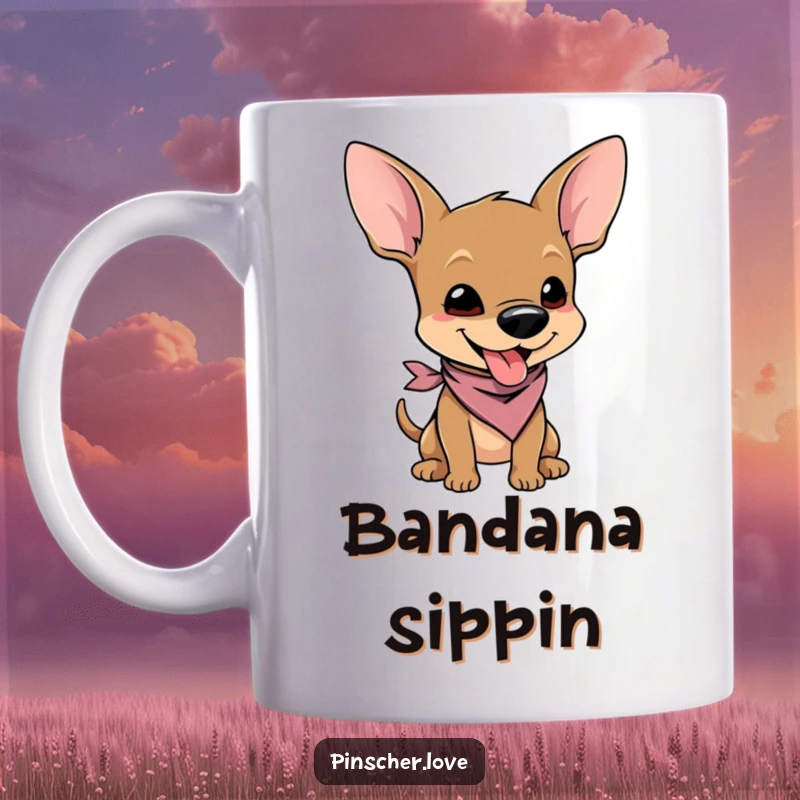 Funny mug featuring a pinscher character in a tiny bandana, wiggling with pure, unadulterated joy and excitement.
