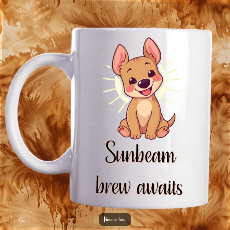 Funny Pinscher Mug: A happy pinscher dog with a joyful bark rolls contentedly in a warm, golden sunbeam, radiating pure happiness.